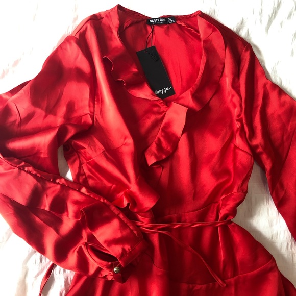 Red Satin Ruffle Dress - Picture 3 of 7